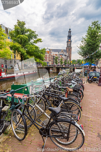 Image of Bicycles on a bridge over the canals of Amsterdam