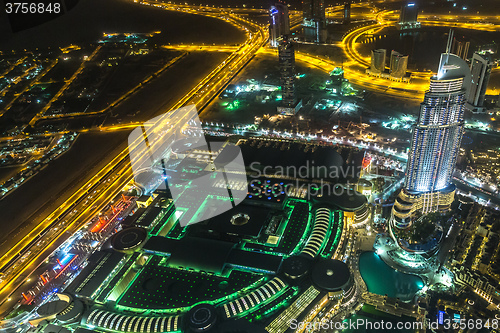 Image of Address Hotel at night in the downtown Dubai area overlooks the 