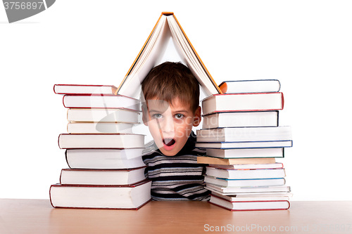 Image of Schoolboy and a heap of books