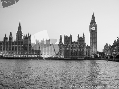 Image of Black and white Houses of Parliament in London