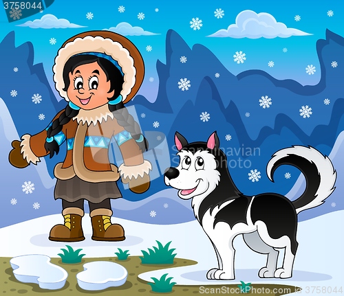 Image of Inuit girl with Husky dog