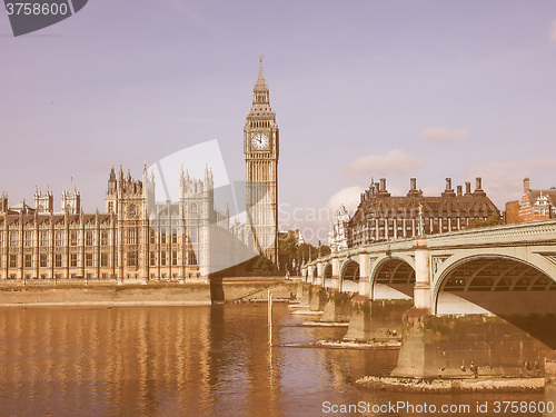 Image of Westminster Bridge and Houses of Parliament in London vintage