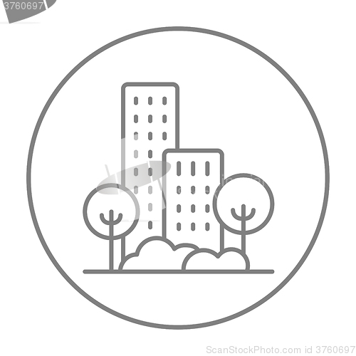 Image of Residential building with trees line icon.