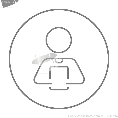 Image of Man holding digital tablet line icon.