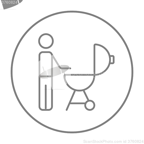 Image of Man at barbecue grill line icon.