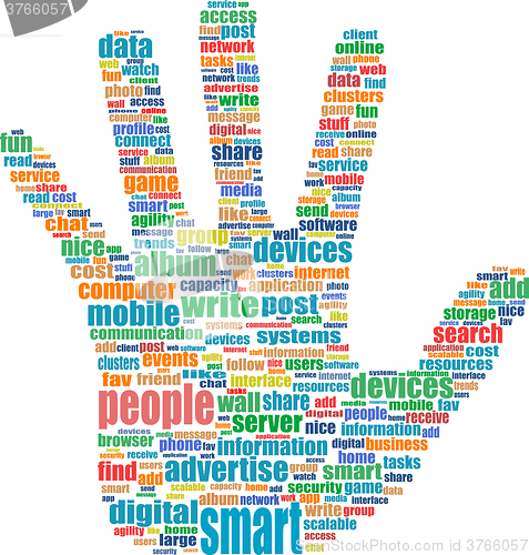 Image of vector Illustration of the hands symbol, which is composed of text keywords on social media themes. Isolated on white.