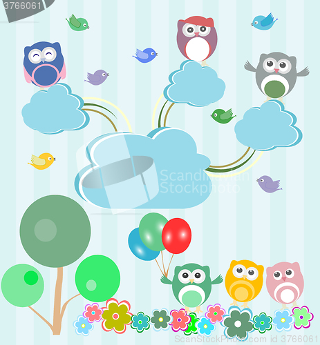 Image of Birds and owls in spring forest. Vector set