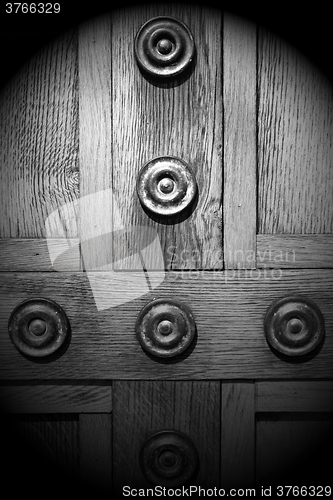Image of in london antique brown door  rusty  brass nail and light