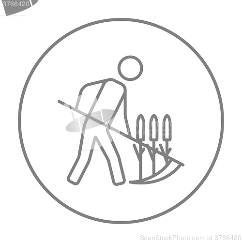 Image of Man mowing grass with scythe line icon.