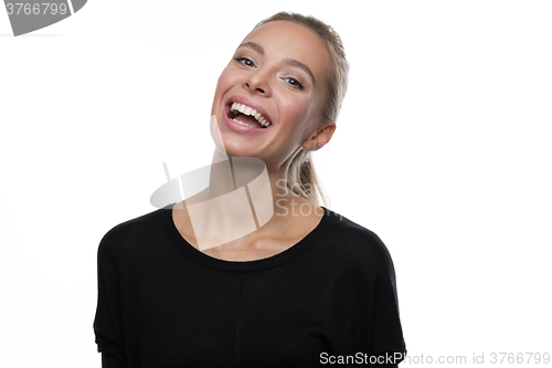 Image of Portrait of beautiful woman on white background