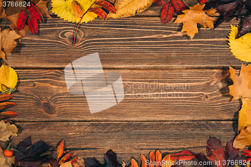 Image of Background with wooden table and autumnal leaves