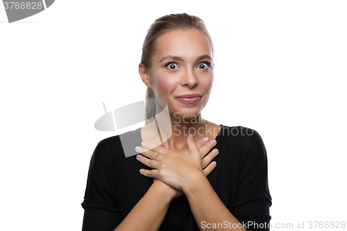 Image of Portrait of surprised woman on white background