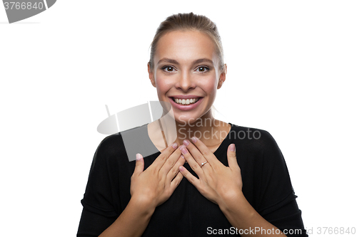 Image of Portrait of surprised woman on white background