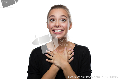Image of Portrait of surprised woman on white background