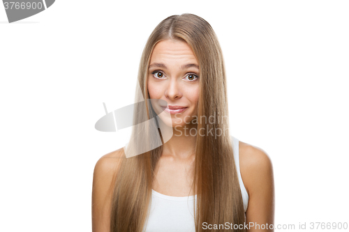Image of Portrait of beautiful woman on white background