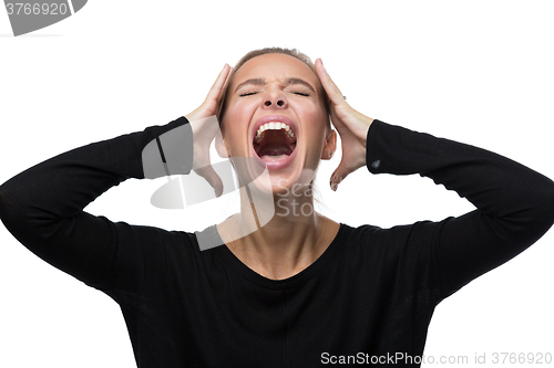 Image of Portrait of stressed woman on white background