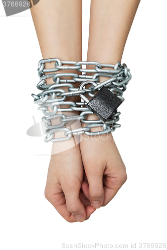 Image of Social theme: hands tied a metal chain on a white background