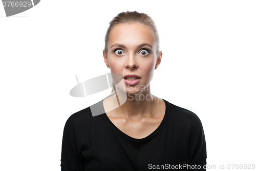 Image of Portrait of angry woman on white background