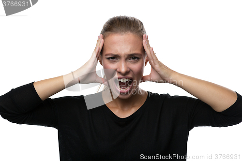 Image of Portrait of stressed woman on white background