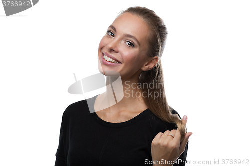 Image of Portrait of beautiful woman on white background