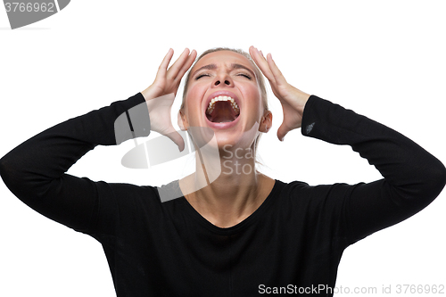 Image of Portrait of stressed woman on white background