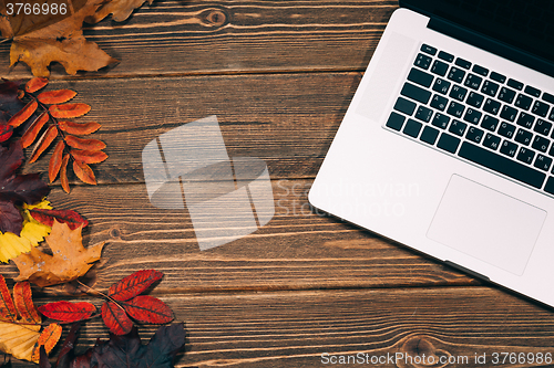 Image of Background with laptop and autumnal leaves