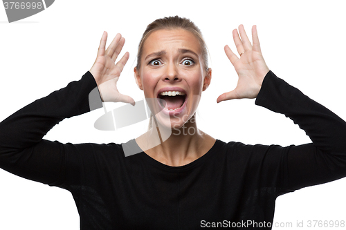 Image of Portrait of stressed woman on white background