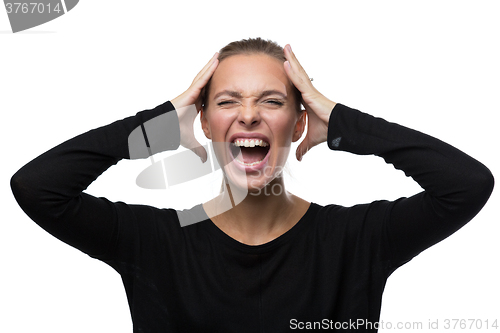 Image of Portrait of stressed woman on white background