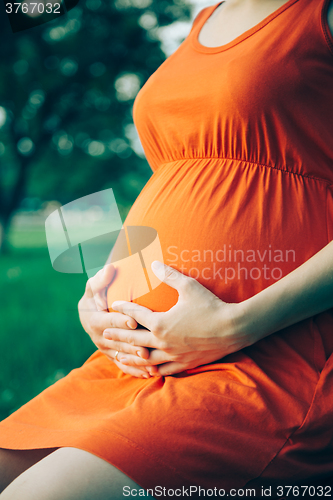 Image of Pregnant woman, holding in hands bouquet of daisy 