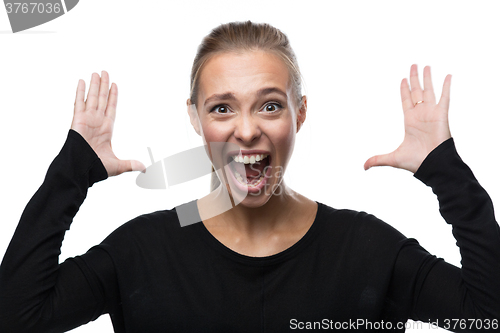 Image of Portrait of stressed woman on white background