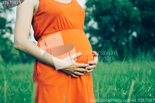 Image of Pregnant woman, holding in hands bouquet of daisy 