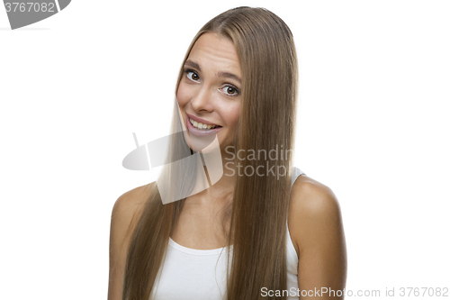 Image of Portrait of beautiful woman on white background