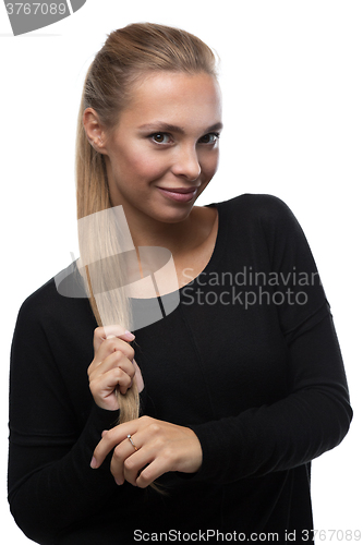 Image of Portrait of beautiful woman on white background