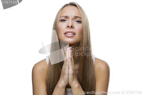 Image of Woman wait something on white background 