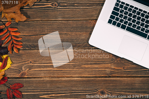 Image of Background with laptop and autumnal leaves