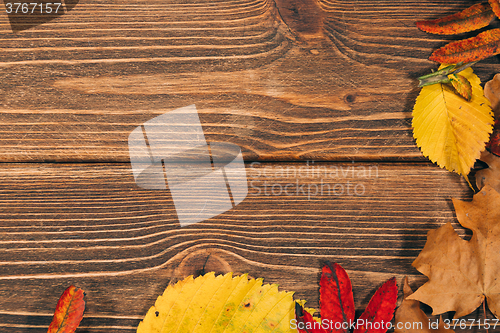 Image of Background with wooden table and autumnal leaves