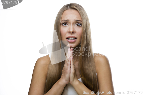 Image of Woman wait something on white background 