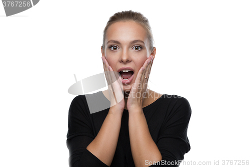 Image of Portrait of beautiful woman on white background