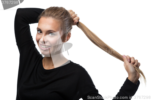 Image of Stylish portrait of woman on white background