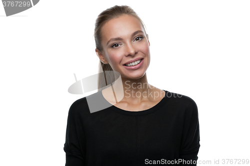 Image of Portrait of beautiful woman on white background