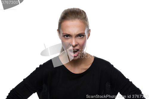 Image of Portrait of angry woman on white background