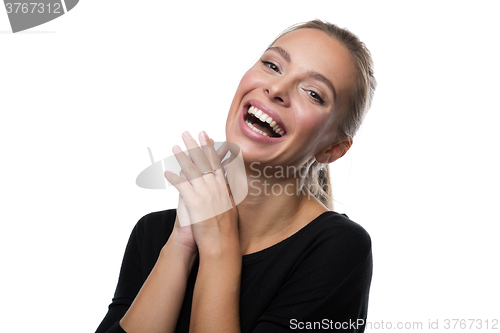 Image of Portrait of beautiful woman on white background