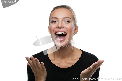 Image of Portrait of surprised woman on white background