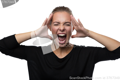 Image of Portrait of stressed woman on white background