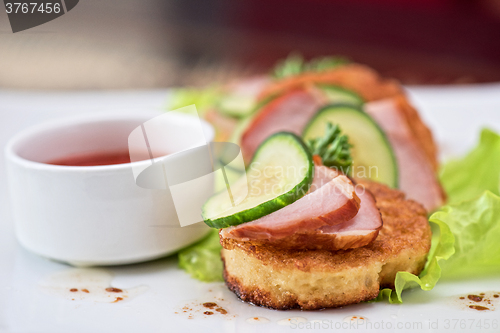 Image of pancakes with ham and cucumber 