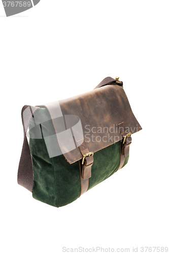 Image of Green and brown satchel bag isolated on white background.