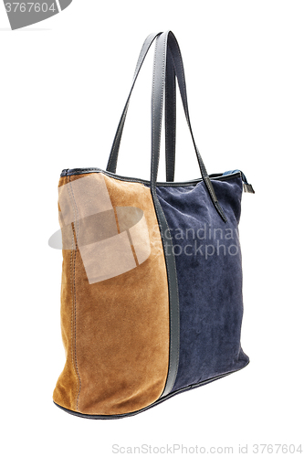 Image of Brown and blue womens bag isolated on white background.