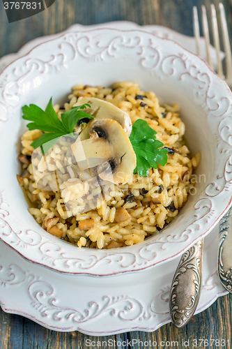 Image of Risotto with mushrooms and onions. View from above.