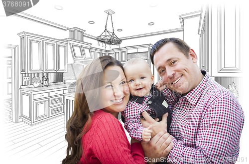 Image of Young Family Over Custom Kitchen and Design Drawing 