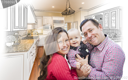 Image of Young Family Over Custom Kitchen Design Drawing and Photo Combin
